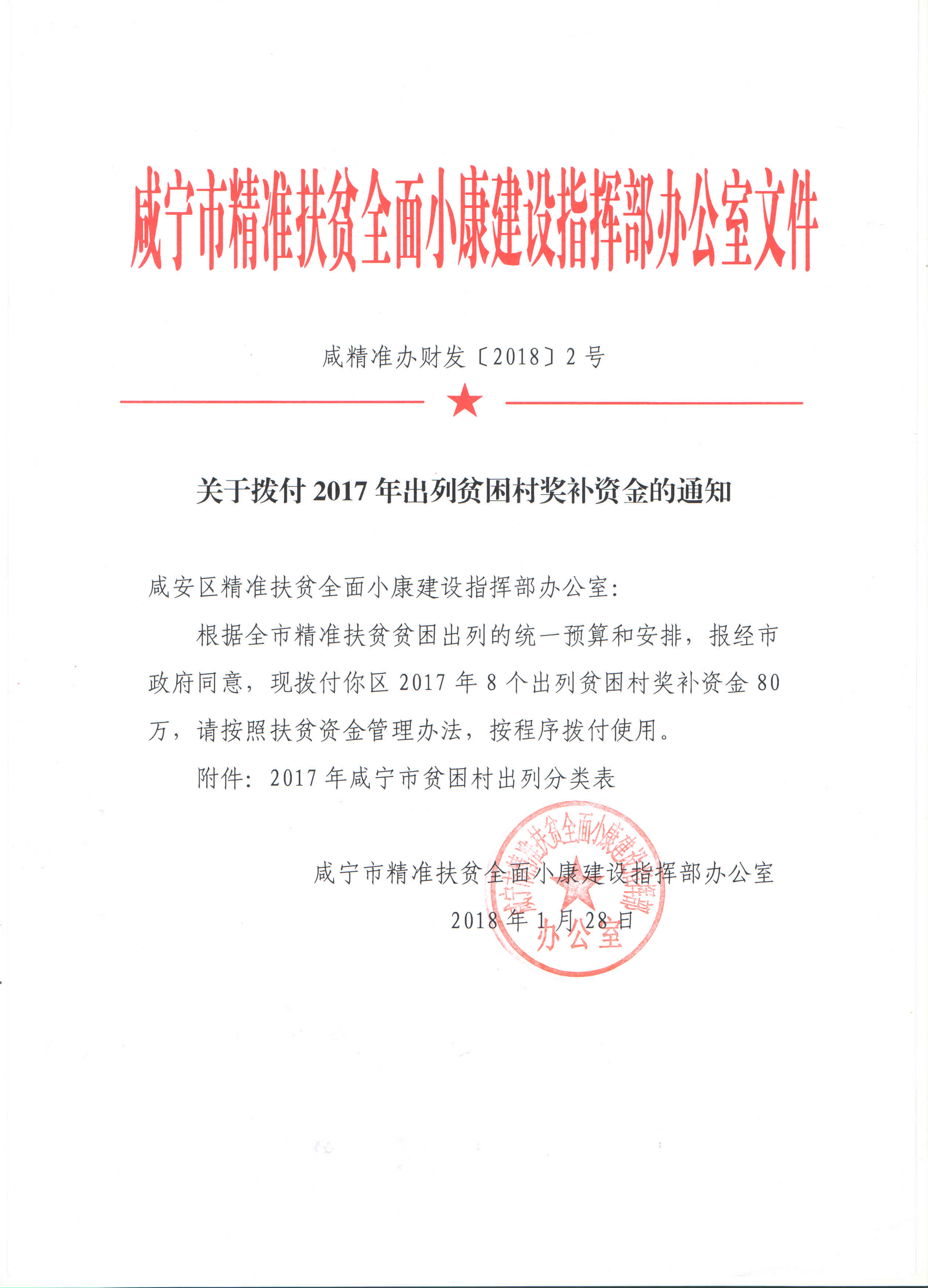 咸精准办财发〔2018〕2号关于拨付2017年出列贫困村奖补资金的通知——咸安区.jpg